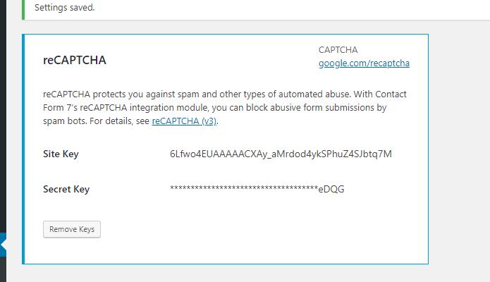 contact form 7 设置reCAPTCHA 密钥界面